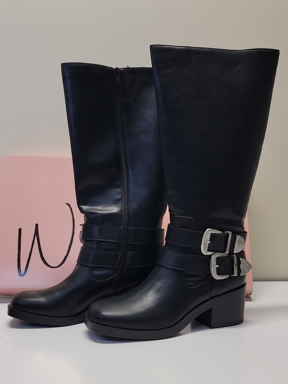NEW Wild Pair Black Faux-Leather Mid-Calf Boots with Buckle Detail Sz 10 Wmns